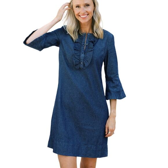 Draper James 8 Womens Blue Chambray Ruffle Shift Mini Dress Denim - Picture 1 of 10